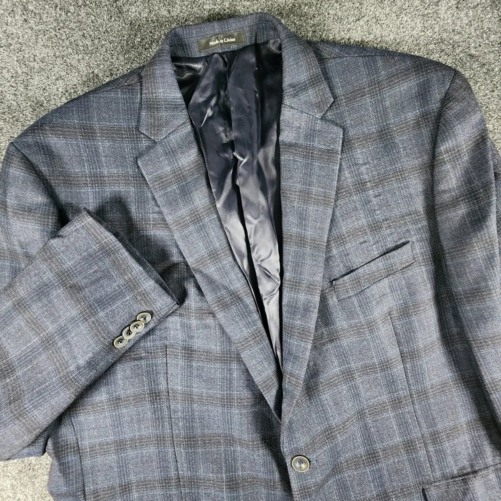 Austin Reed Sport Coat Mens 50R Blue Plaid Windowpane Wool Two Button Blazer EUC